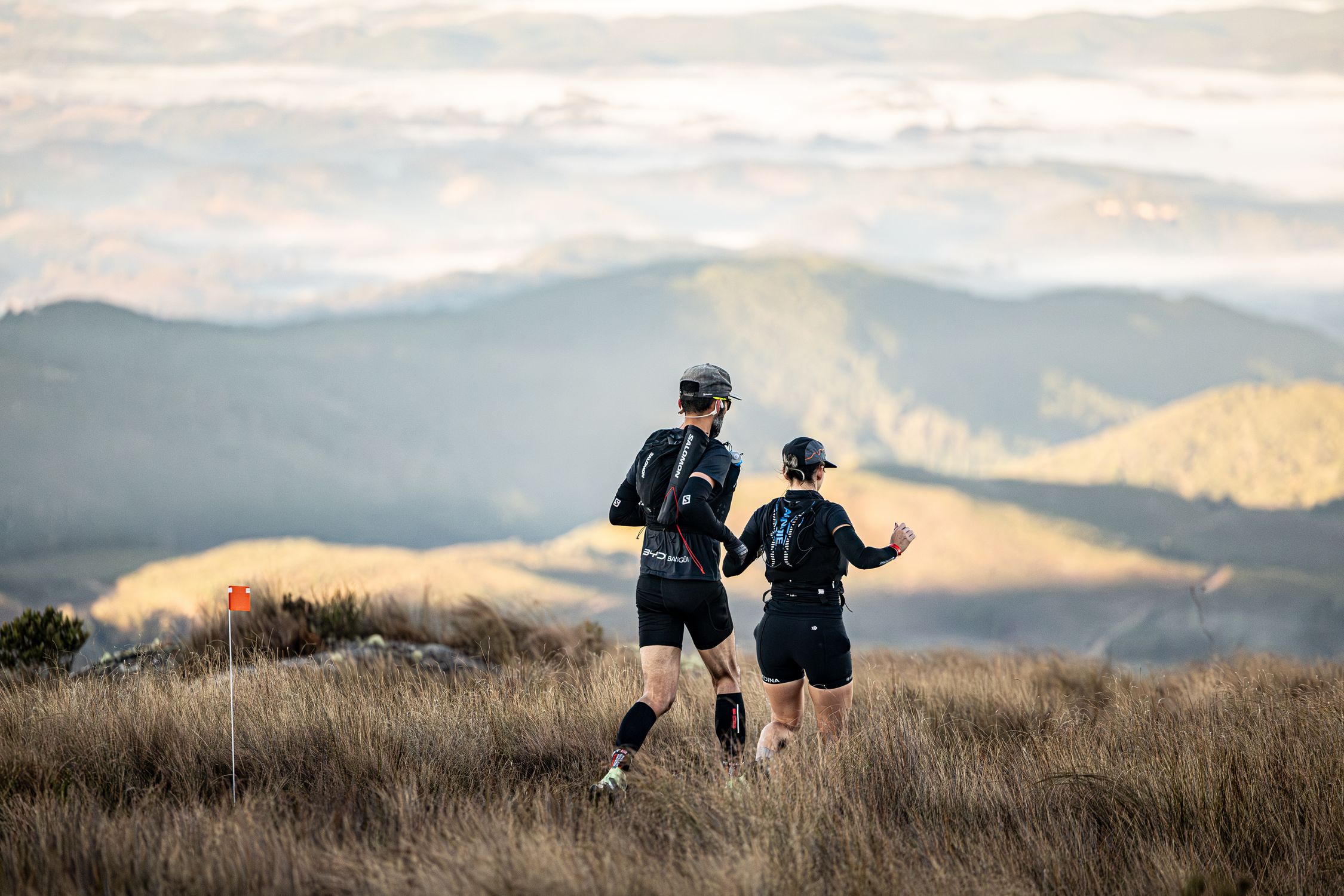 Two trail runners seen from behind, moving together across an open mountain landscape.